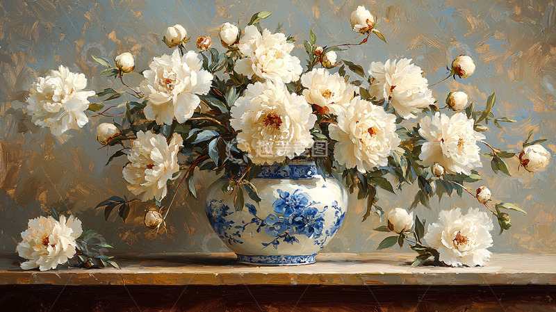 高清大图下载【趣麦麦图】白色牡丹花瓶静物油画