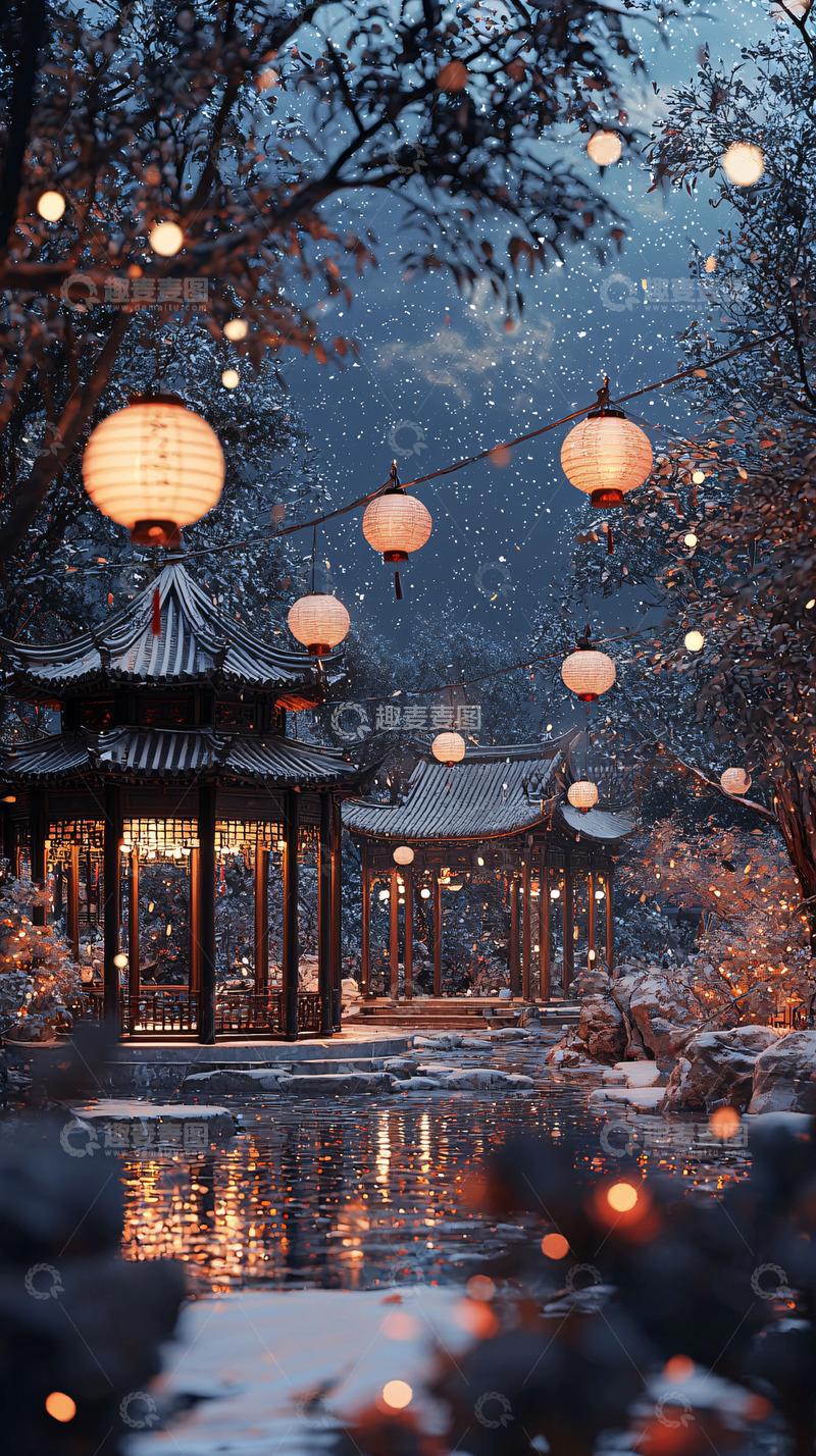 高清大图下载【趣麦麦图】冬日雪景中式园林