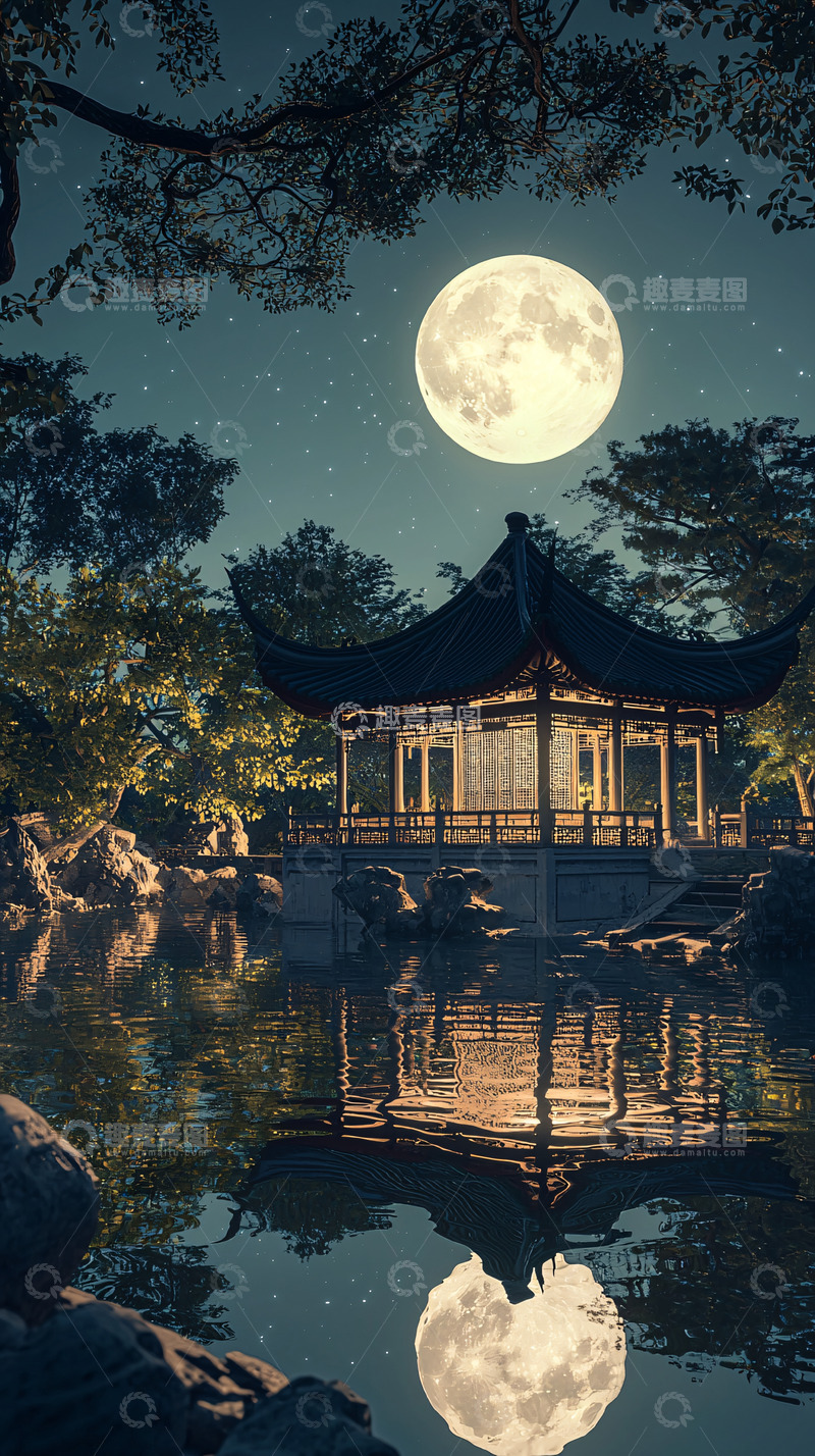 高清大图下载【趣麦麦图】月夜下的中国古典园林