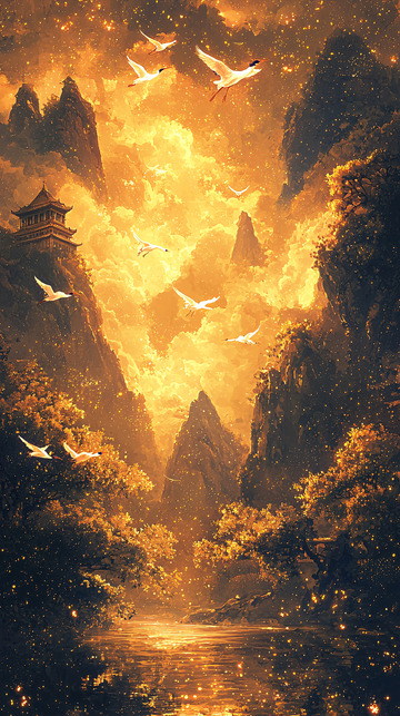 金色山河仙鹤图