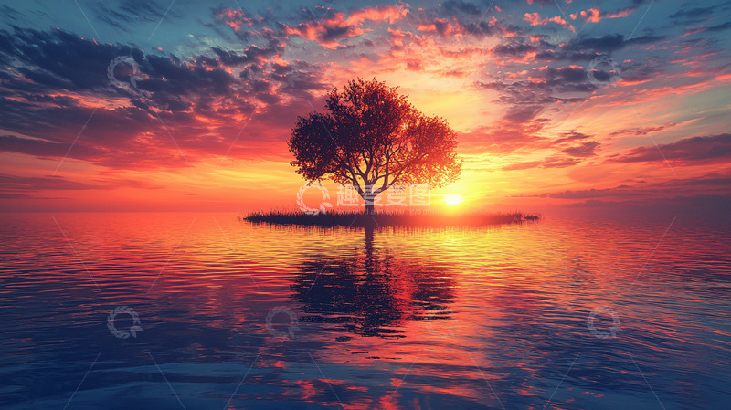 高清大图下载【趣麦麦图】孤树夕阳倒影