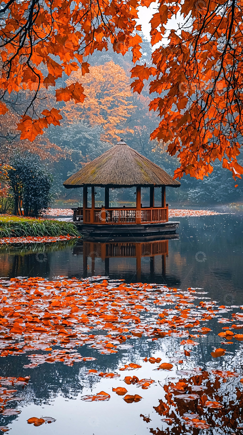 高清大图下载【趣麦麦图】秋叶湖边木屋