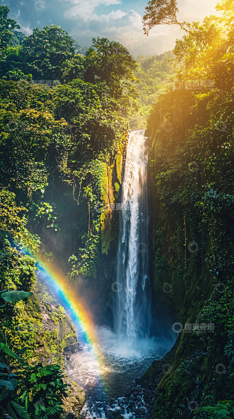高清大图下载【趣麦麦图】热带雨林瀑布彩虹景观