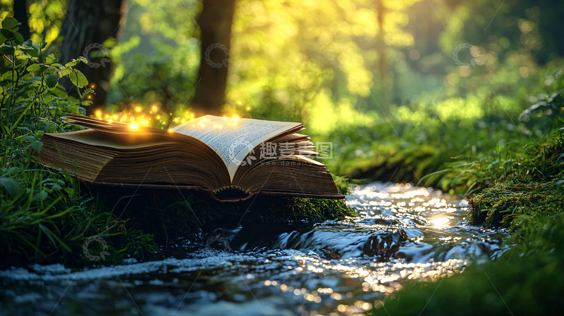 高清大图下载【趣麦麦图】森林溪流古书