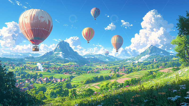 高清大图下载【趣麦麦图】热气球飞跃山峦田野