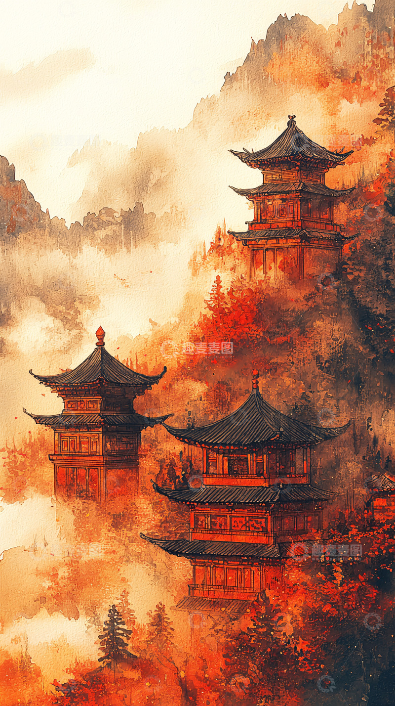 高清大图下载【趣麦麦图】山间云雾缭绕的古风宝塔
