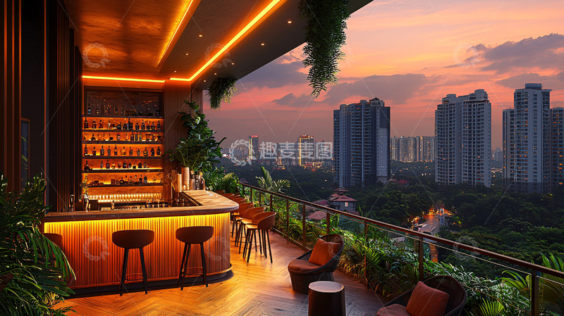 高清大图下载【趣麦麦图】屋顶酒吧落日城市景观