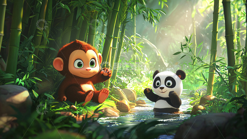 高清大图下载【趣麦麦图】猴子和熊猫在竹林