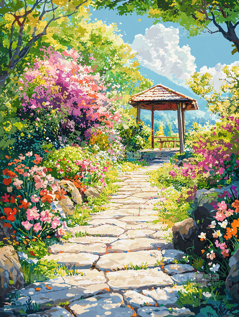 高清大图下载【趣麦麦图】鲜花盛开的凉亭花园