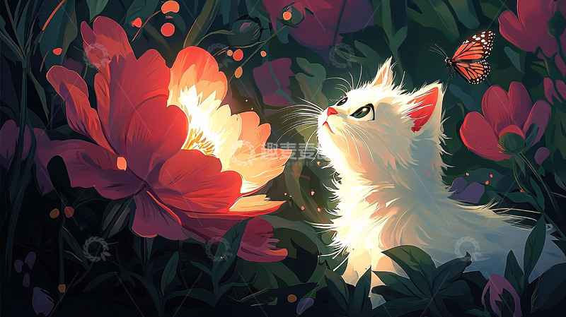 高清大图下载【趣麦麦图】小猫仰望发光花朵
