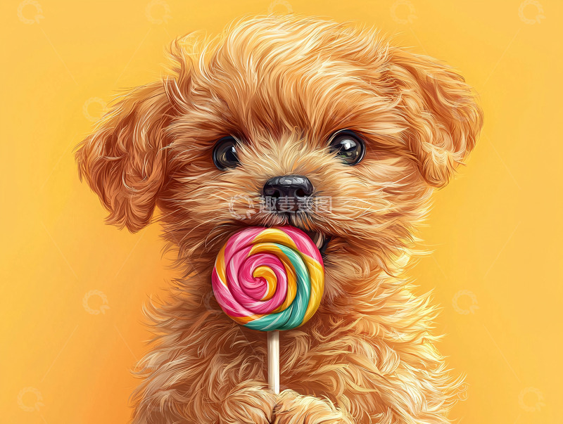 高清大图下载【趣麦麦图】小狗抱着彩色棒棒糖