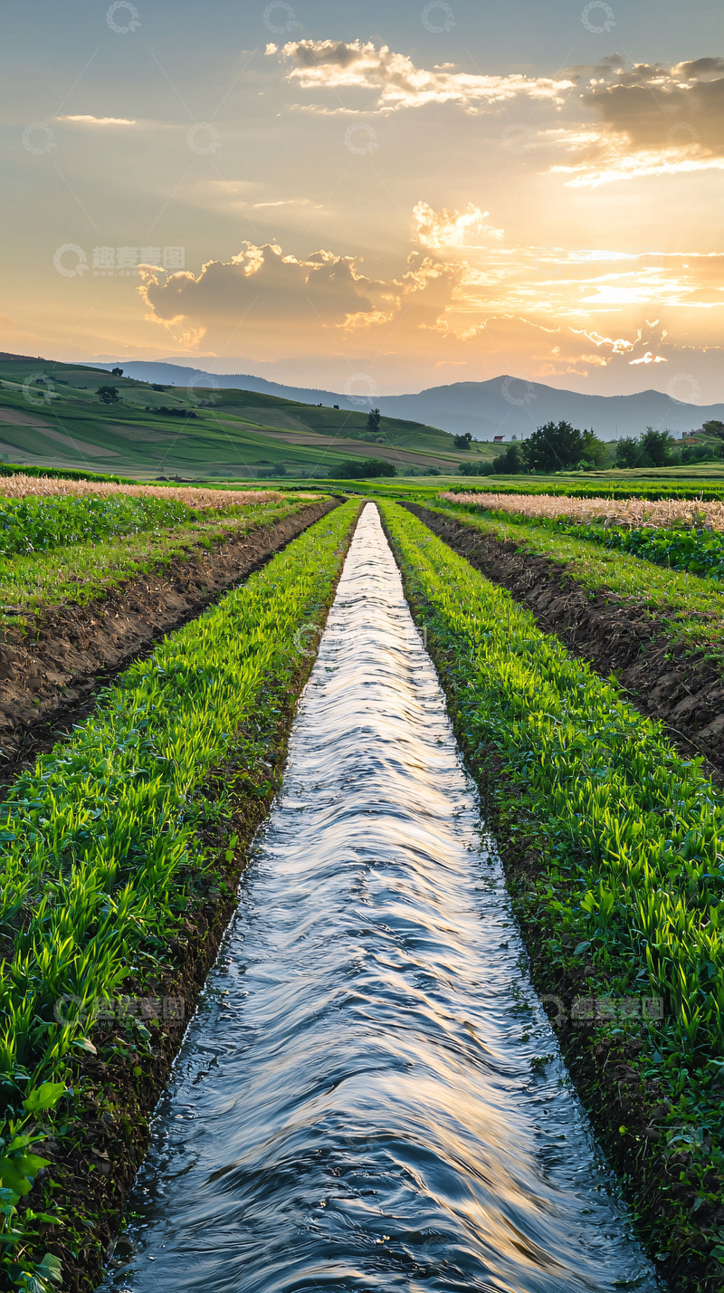 高清大图下载【趣麦麦图】田野灌溉渠道傍晚景色