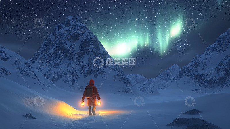 高清大图下载【趣麦麦图】极光下的雪山孤影