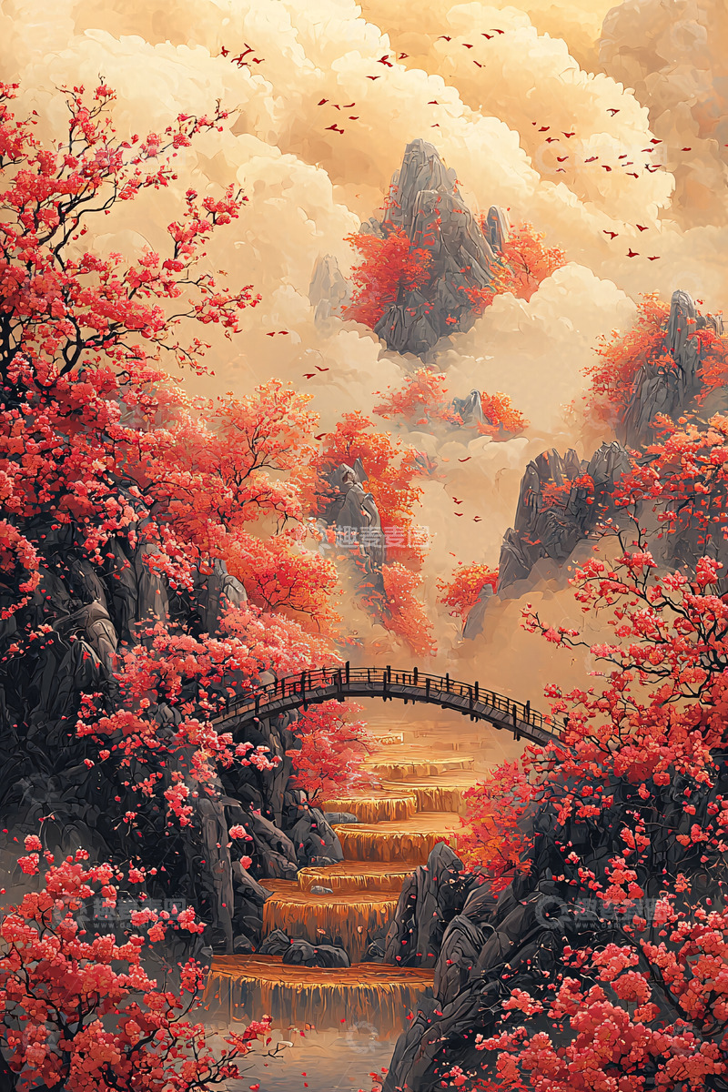 高清大图下载【趣麦麦图】仙境般粉色樱花山峦