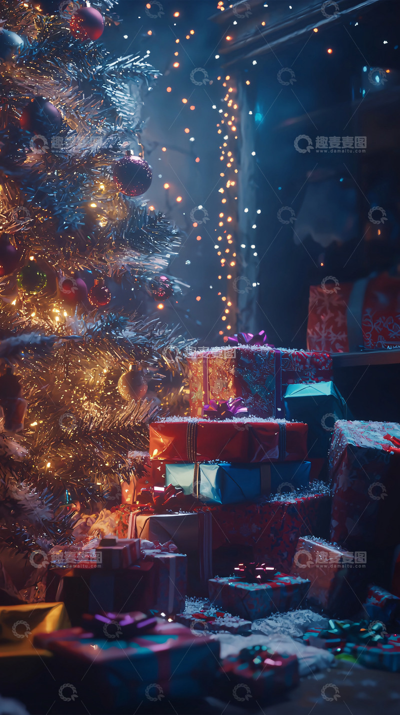 高清大图下载【趣麦麦图】圣诞节礼物堆在圣诞树旁
