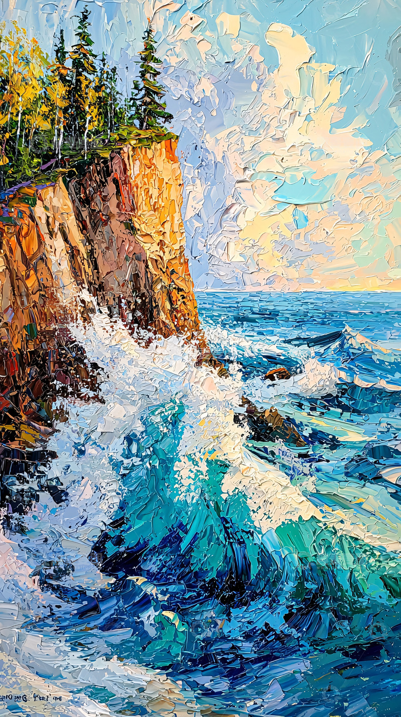 高清大图下载【趣麦麦图】海边悬崖浪花飞溅的油画