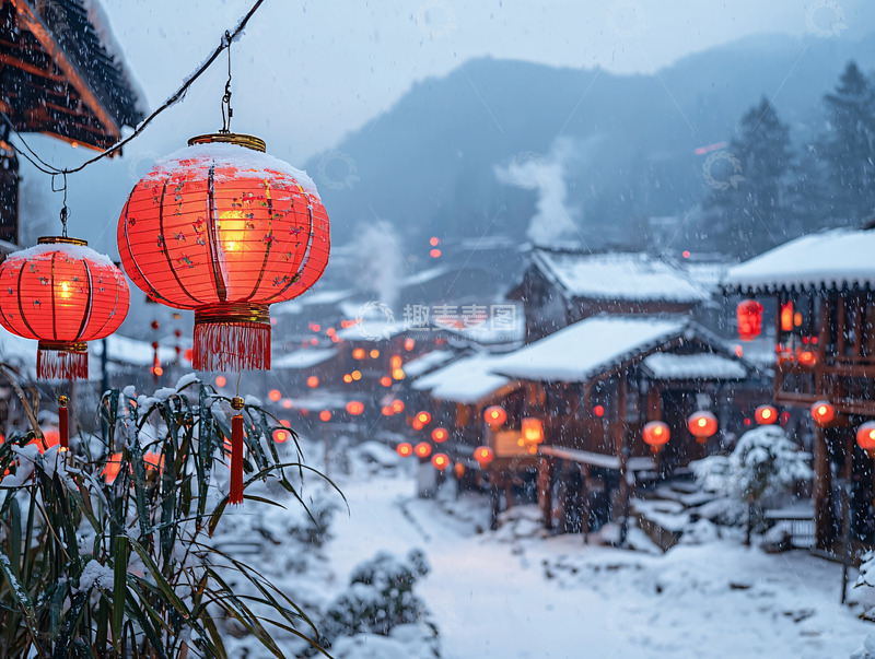 高清大图下载【趣麦麦图】雪后乡村挂灯笼的景象
