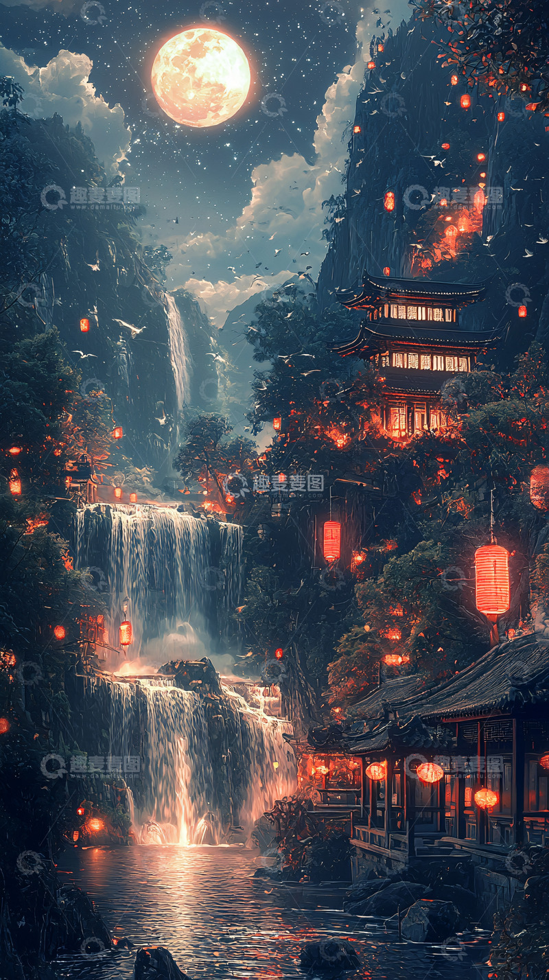 高清大图下载【趣麦麦图】月夜下的古风山水仙境
