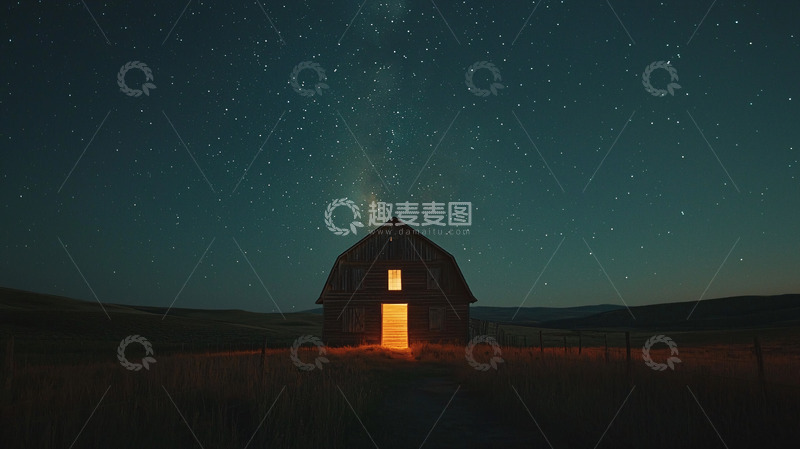 高清大图下载【趣麦麦图】夜晚星空下的孤独木屋