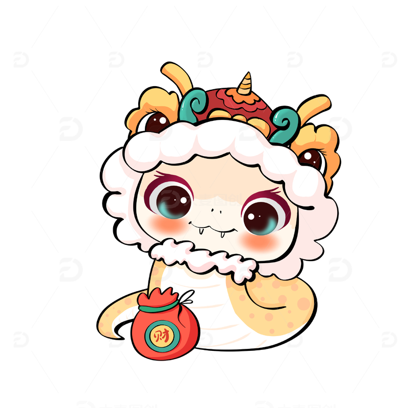 手绘春节蛇年福袋蛇IP形象海报设计素材