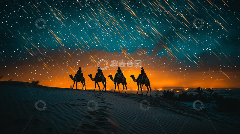 高清大图下载【趣麦麦图】夜空流星雨下骆驼商队