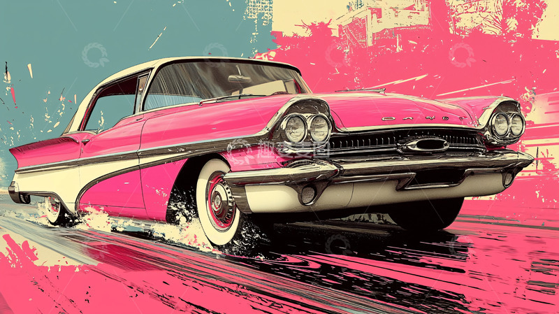 高清大图下载【趣麦麦图】复古粉红色老爷车