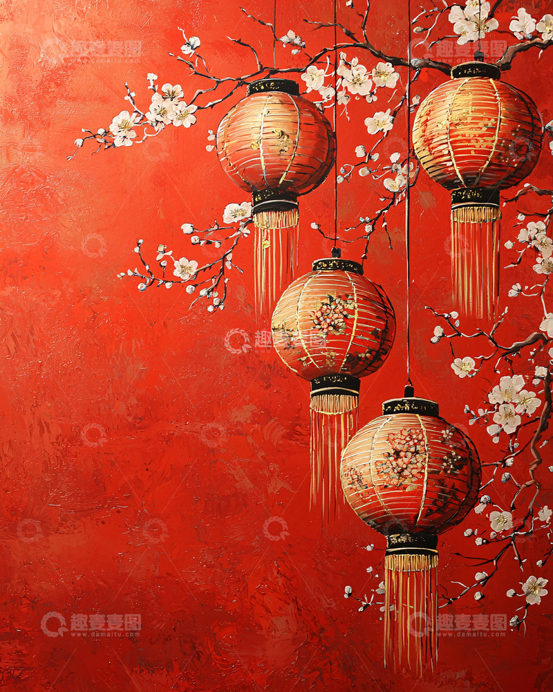 高清大图下载【趣麦麦图】红底梅花灯笼图