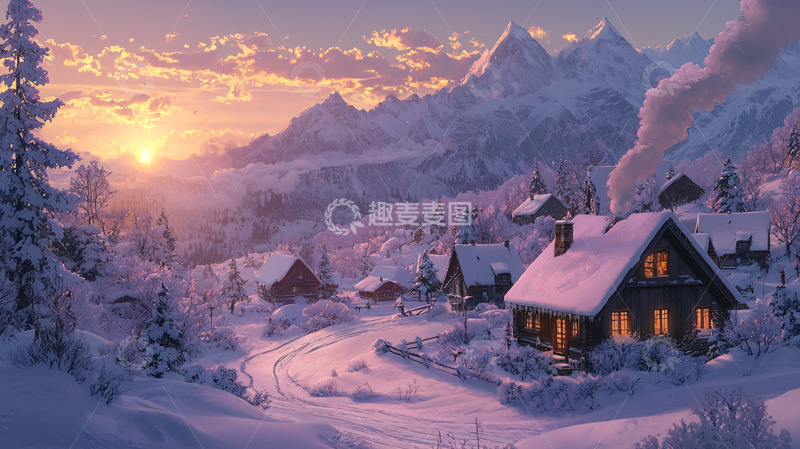 高清大图下载【趣麦麦图】雪山日落下的村庄
