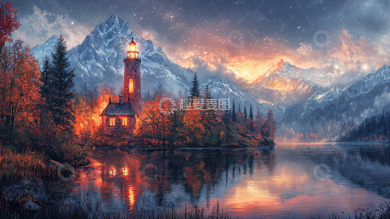 高清大图下载【趣麦麦图】山峰湖泊灯塔秋景