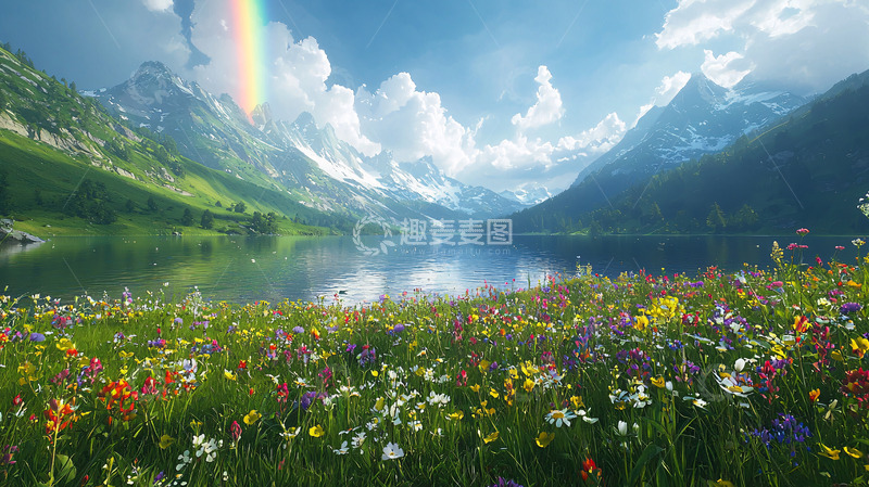 高清大图下载【趣麦麦图】彩虹下的高山湖泊鲜花