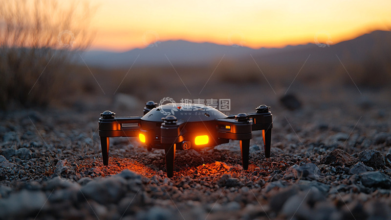 高清大图下载【趣麦麦图】日落沙漠中黑色无人机