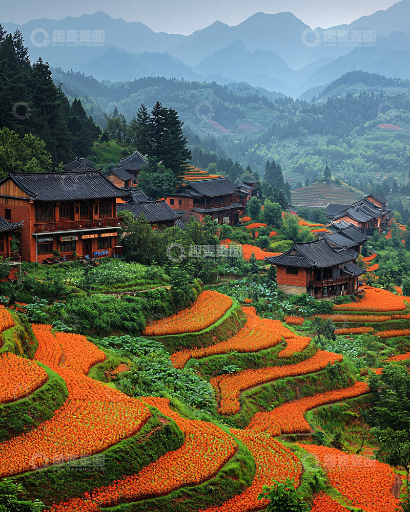 高清大图下载【趣麦麦图】山间梯田村庄