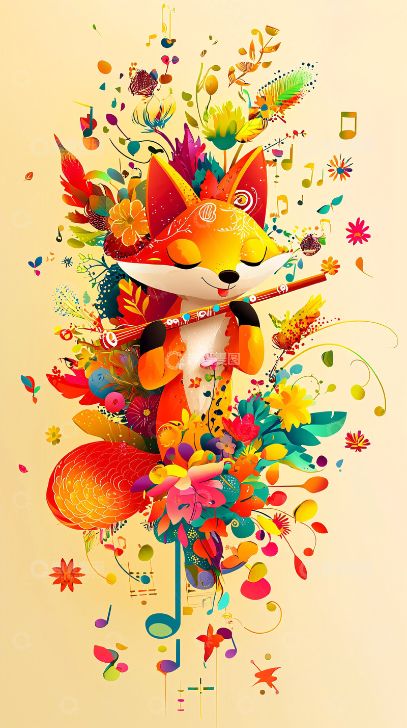 高清大图下载【趣麦麦图】小狐狸吹笛子彩色插画