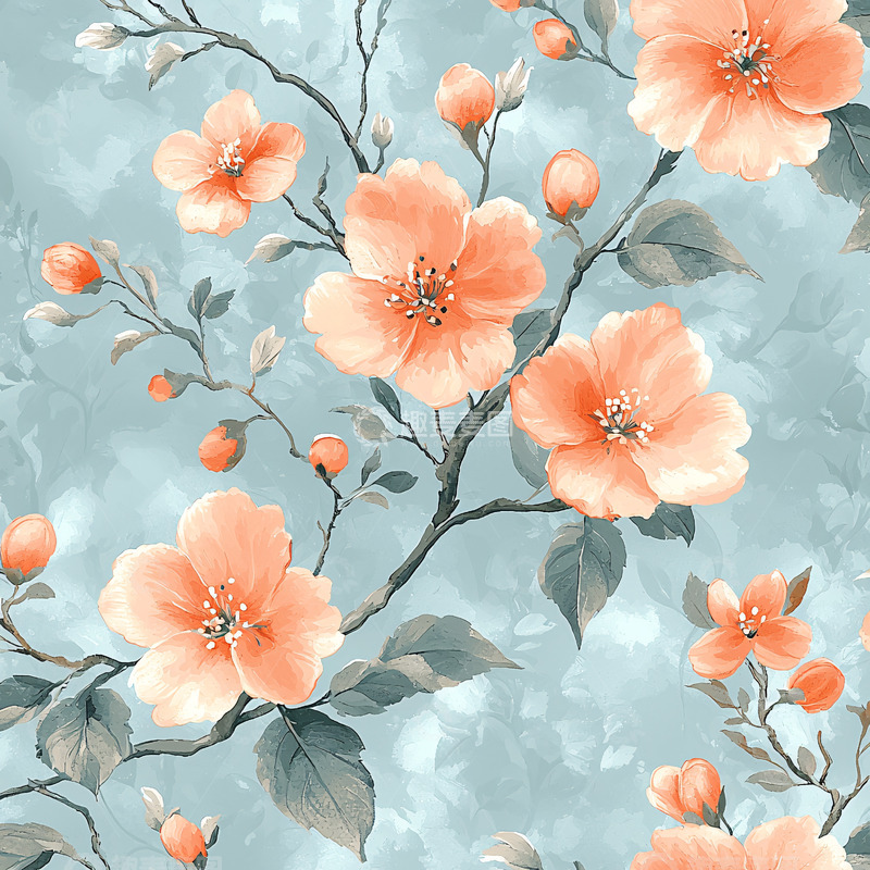 高清大图下载【趣麦麦图】水墨风格桃花水彩画