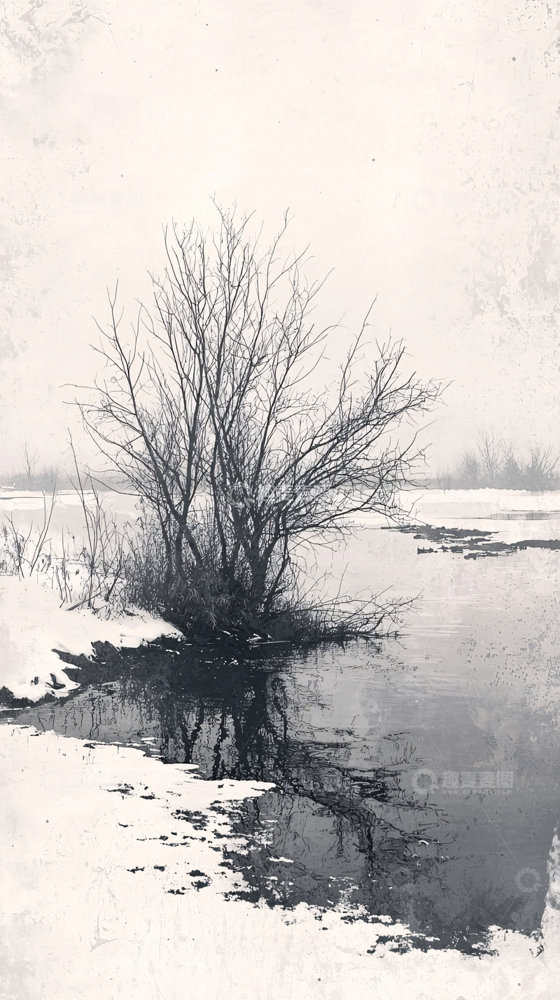 高清大图下载【趣麦麦图】冬日树木湖边倒影