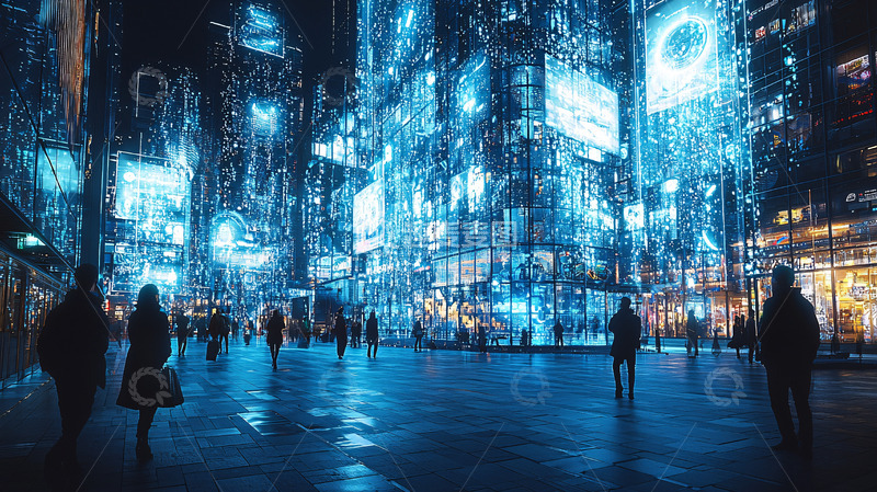 高清大图下载【趣麦麦图】夜幕下的蓝色光影城市