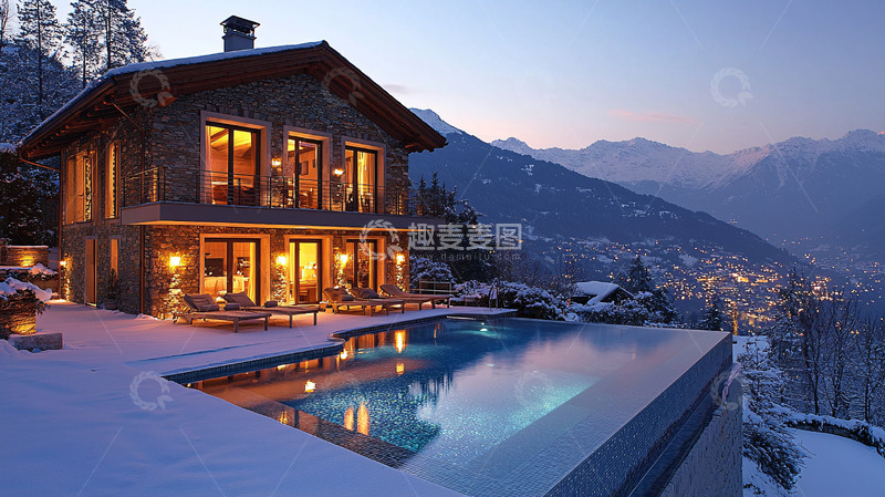 高清大图下载【趣麦麦图】雪山别墅夜景