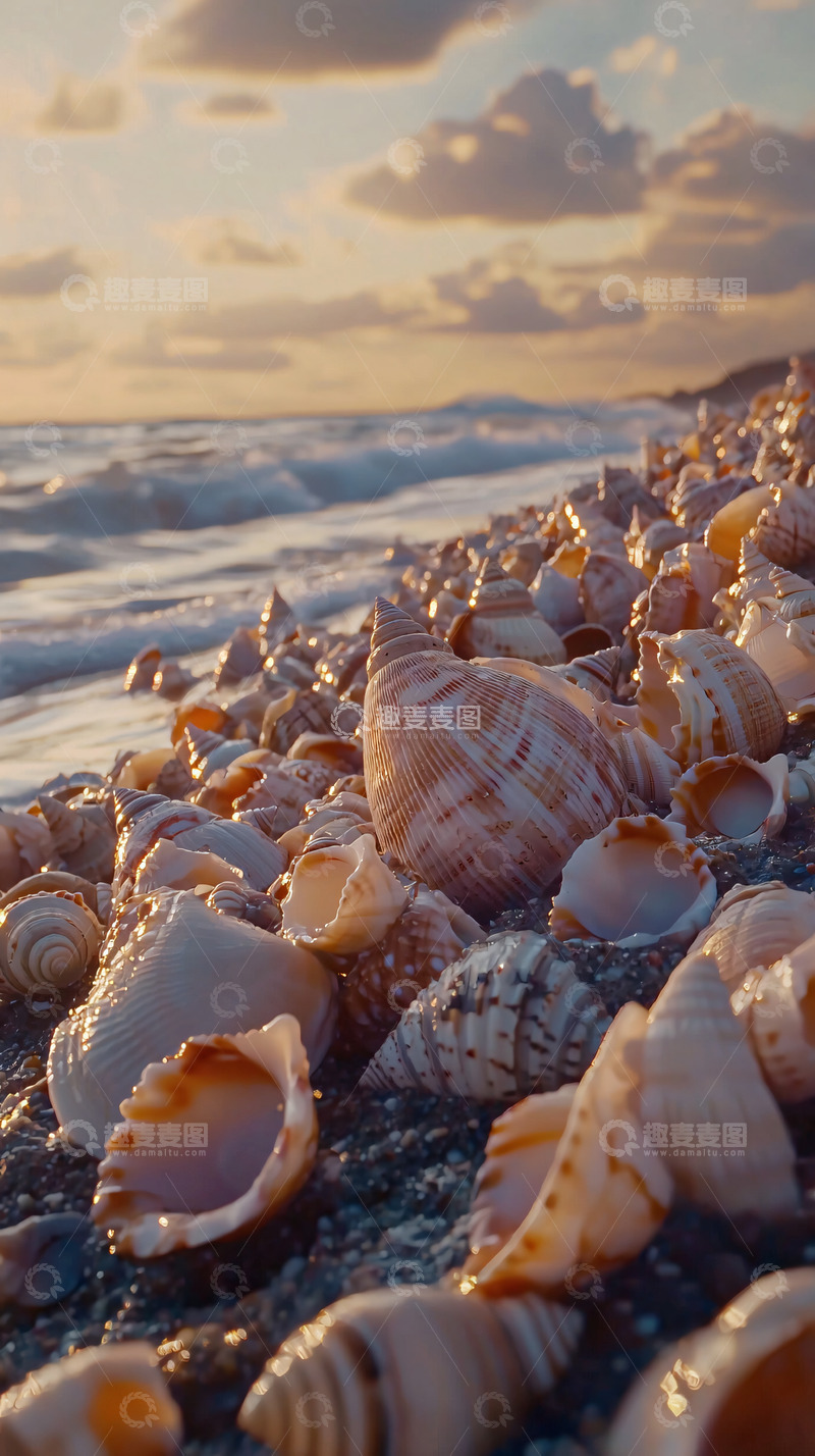 高清大图下载【趣麦麦图】海滩日落贝壳堆积