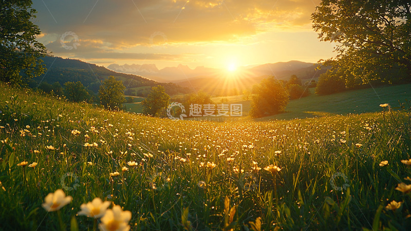 高清大图下载【趣麦麦图】日落山谷野花田园
