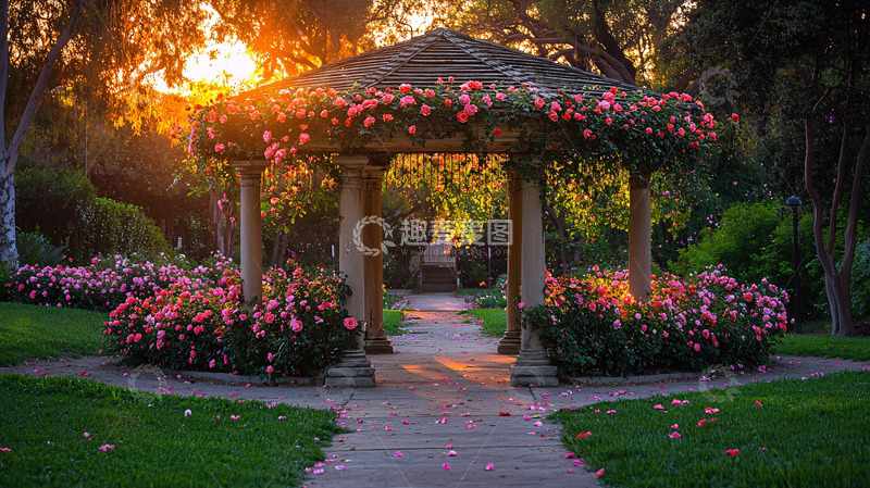 高清大图下载【趣麦麦图】夕阳下的玫瑰花亭