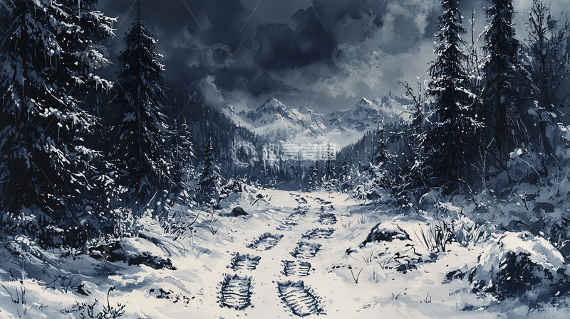 高清大图下载【趣麦麦图】雪地里的脚印