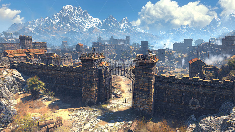 高清大图下载【趣麦麦图】雪山下的城墙古城