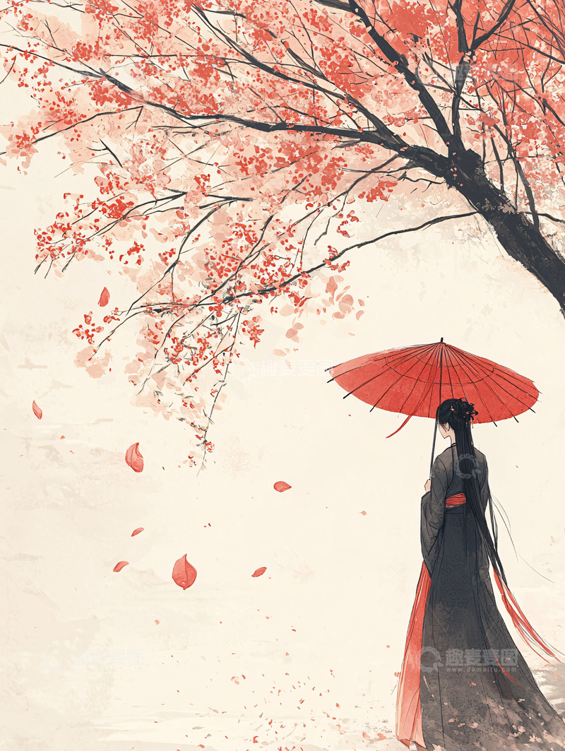 高清大图下载【趣麦麦图】红伞女子树下赏花