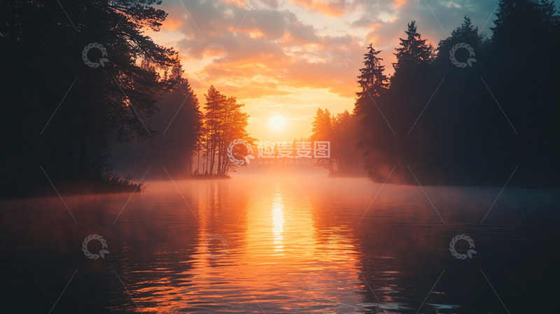 高清大图下载【趣麦麦图】森林日出湖泊