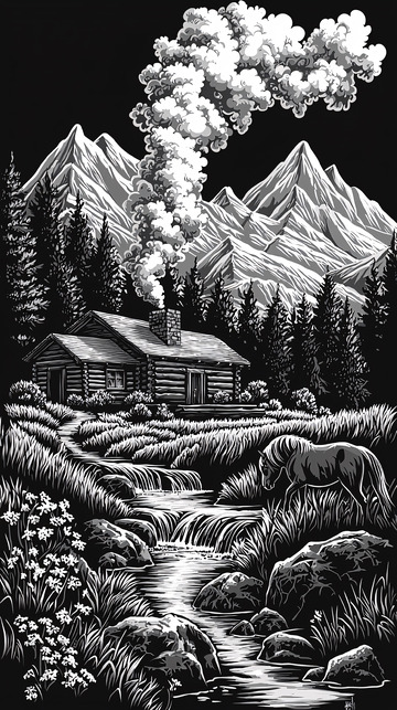 黑白山林小屋风景