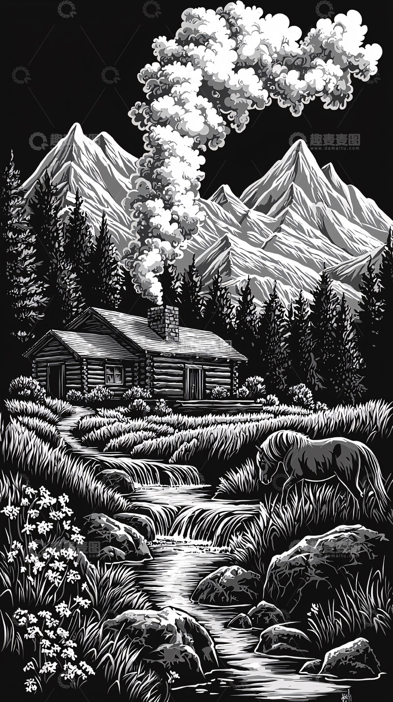 高清大图下载【趣麦麦图】黑白山林小屋风景