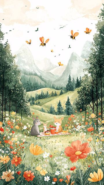 卡通动物在花丛野餐