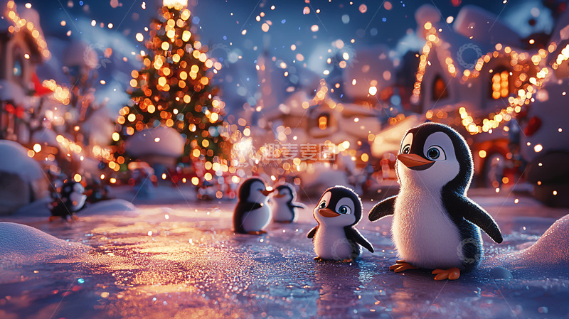 高清大图下载【趣麦麦图】圣诞节企鹅冰雪小镇