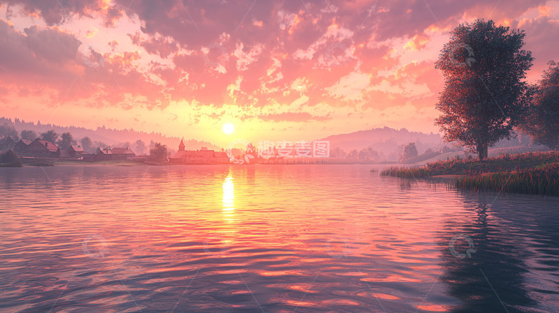 高清大图下载【趣麦麦图】唯美湖边日落景色