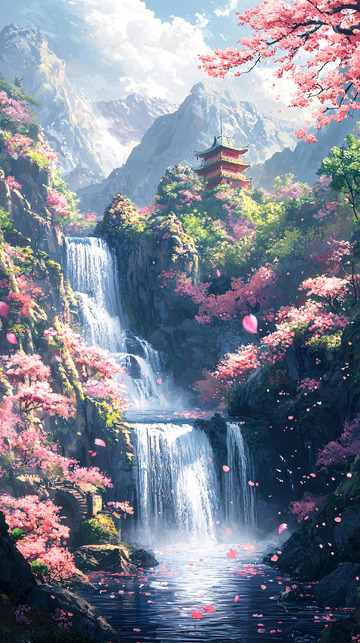山水瀑布樱花